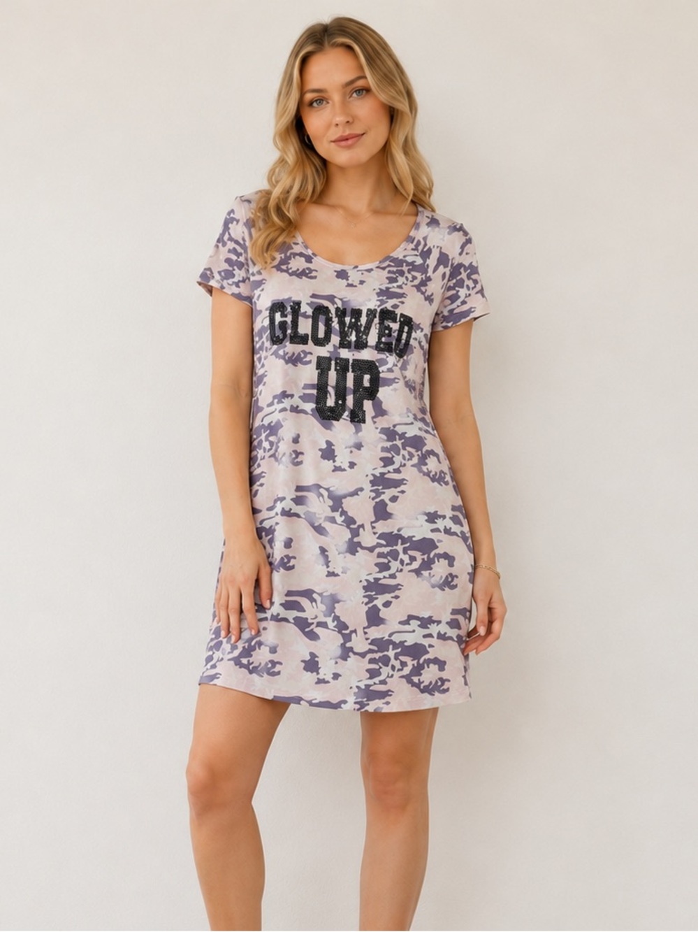 Not A‎ Morning Person Glowed Up Camo T-Shirt Dress Large Short Sleeve Casual